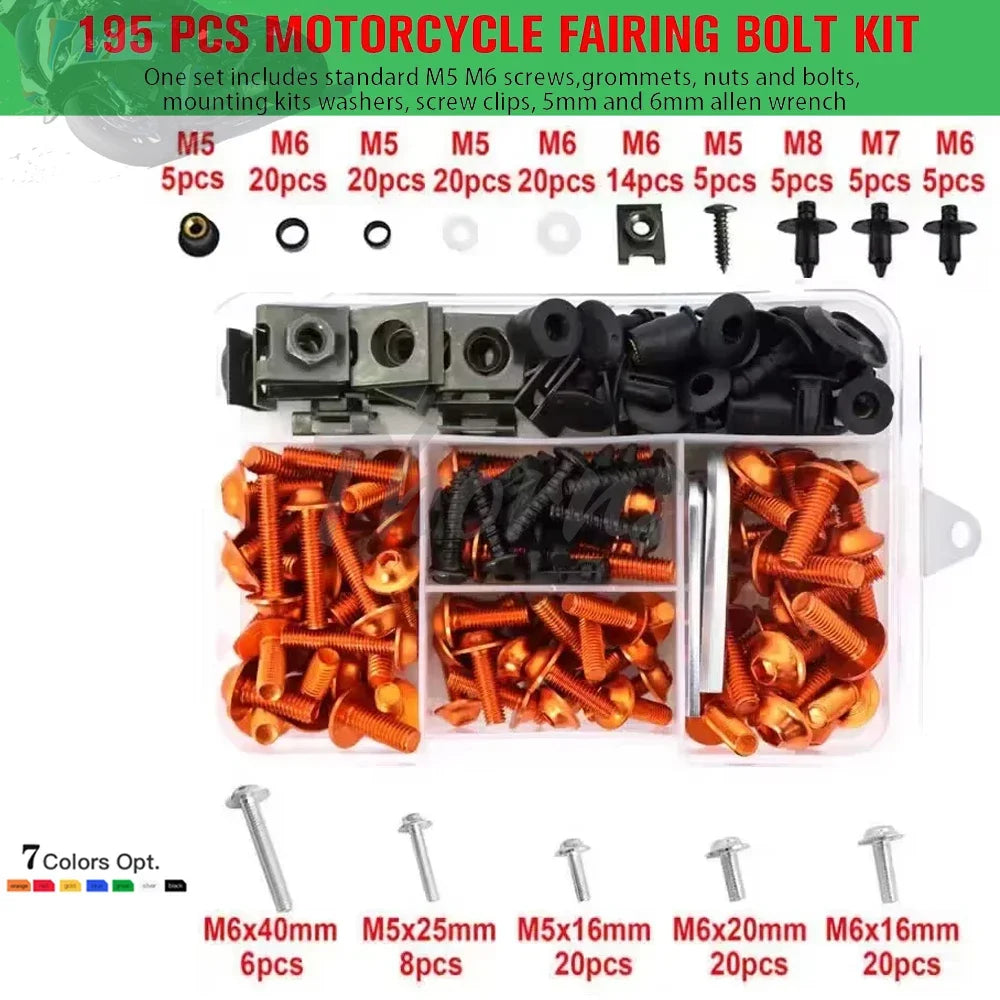 195Pcs Motorcycle Accessories Aluminum Fairing Bolt Screws Kit Nut Clips For Yamaha TMAX500 TMAX530 TMAX560 TMAX 500 530 560