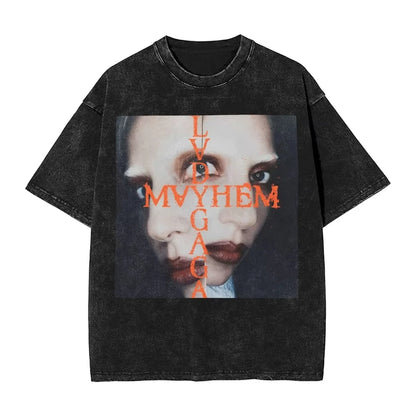 Washed T Shirts Lady Gaga Mayhem Hip Hop Retro Vintage High Street Streetwear Short Sleeve Print Tees Men's Women Tops Harajuku