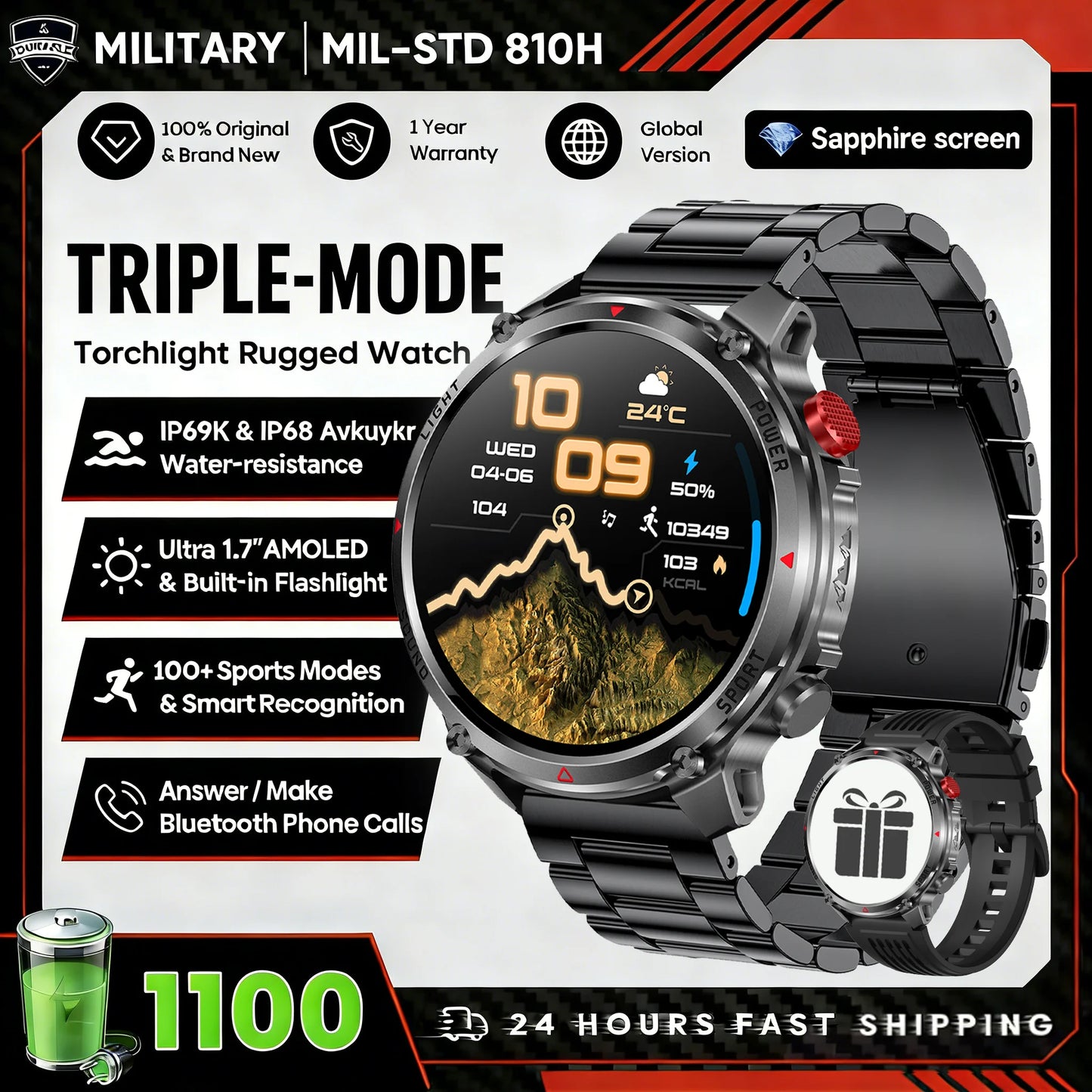 1100mAh Super Capacity Battery Military Outdoor Smart Watch Men 1.7inch Screen Compass Bluetooth Call 3ATM Waterproof SmartWatch