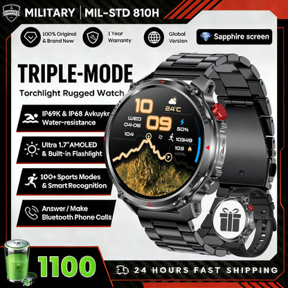 1100mAh Super Capacity Battery Military Outdoor Smart Watch Men 1.7inch Screen Compass Bluetooth Call 3ATM Waterproof SmartWatch