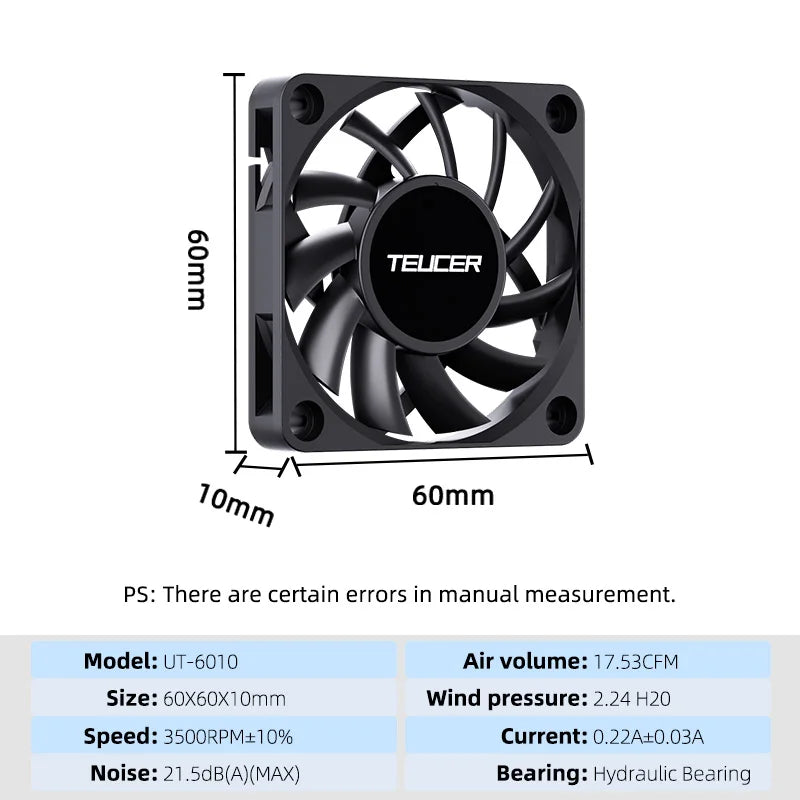 Teucer UT-6010 6cm DC 12V 3Pin Cooling Fan with Big 4Pin Power Supply Hydraulic Bearing 3500 RPM Computer PC CPU Case Ventilator
