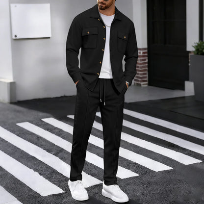 New Men's Four Seasons Outdoor Trendy Casual Waffle Solid Color workwear Button Pocket Coat Collar Top Pants Two Piece Set