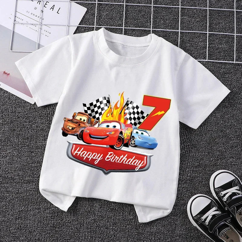 Lightning Mcqueen T-shirt for Boy Kids Clothes Birthday Number 1-9 Print Cars Tees Children Clothing Party Wear Cotton Tops Gift