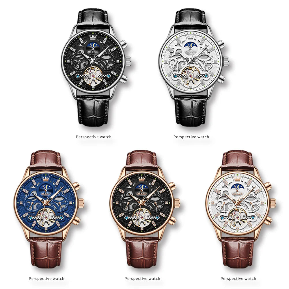 OLEVS 6658 Fashion Men's Watches Hollow Flywheel Automatic Mechanical Wristwatch Leather Strap Waterproof Luminous Moon Phase
