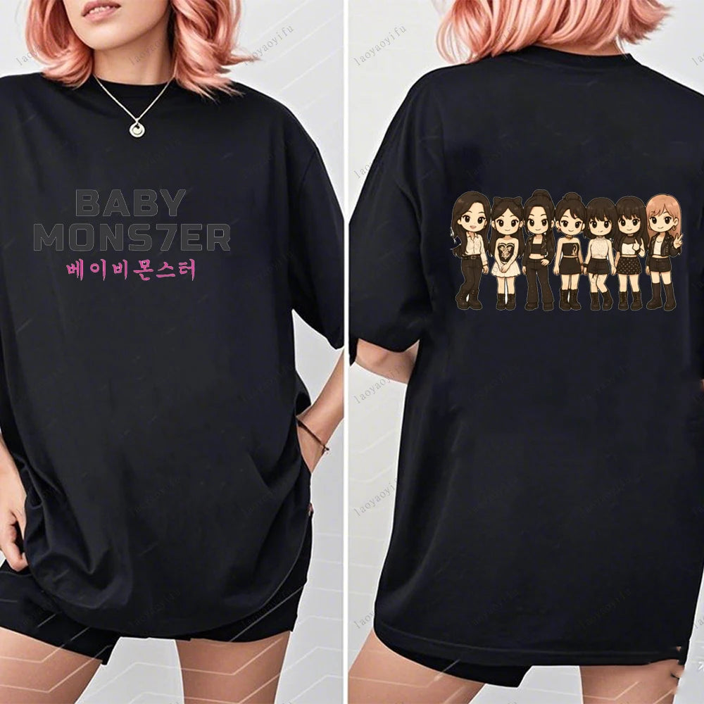BABYMONSTER Kpop Band T-shirt Korean Fashion Summer Double Sided Tee Short Sleeve Cotton Comfortable Tshirts Women/Men Clothes