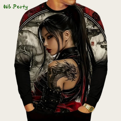 Japanese Long Sleeve Mens 3D Samurai Cartoon Pattern T-Shirt O-Neck Long Short Sleeve Breathable Style Streetwear Men's Clothing