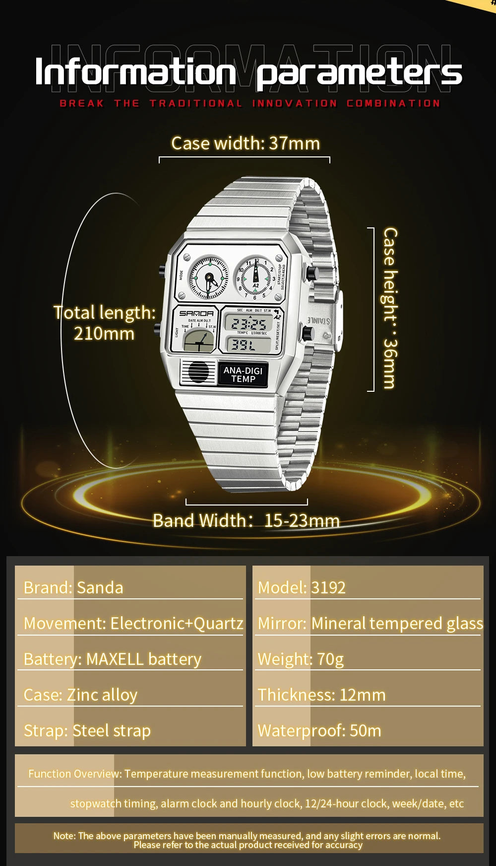 SANDA New 3192 Men's Square Men's Electronic Watch Waterproof LED Thermometer Stopwatch For Men's Electronic Watch