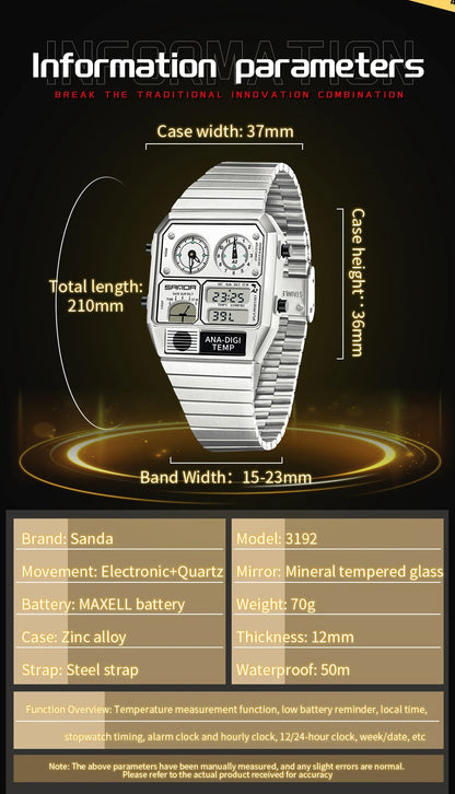 SANDA New 3192 Men's Square Men's Electronic Watch Waterproof LED Thermometer Stopwatch For Men's Electronic Watch