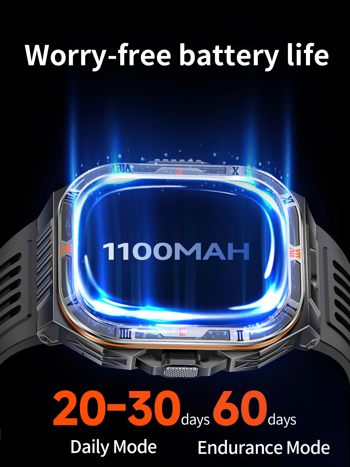 New Smart Watch Men 2.01"HD Screen 3ATM Waterproof Flashlight Health Monitor 1100mAh Battery Sport Bluetooth Call Smartwatch