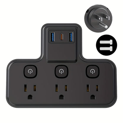 Independent switch socket extender with 3 USB ports and 20W PD fast charging, suitable for home, office, and school