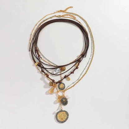 Girlgo 3Pcs/Set ZAA Handmade Rope Chain Metal Round Coin Badge Rope Necklace Fashion Personality High Quality Vintage Jewelry