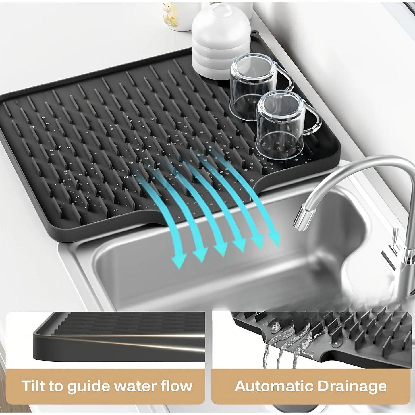 Silicone Dish Drying Mat, Waterproof Sink Side Draining Pad for Dishes Glasses Countertop Protector, Essential Kitchen Gadget