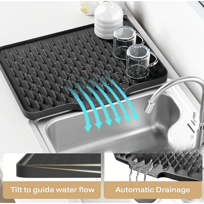 Silicone Dish Drying Mat, Waterproof Sink Side Draining Pad for Dishes Glasses Countertop Protector, Essential Kitchen Gadget