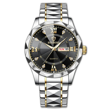Binbang B2521 Men's Watch Waterproof Night Glow Double Calendar Watch Men's Business Quartz Watch Diamond Pointed Glass