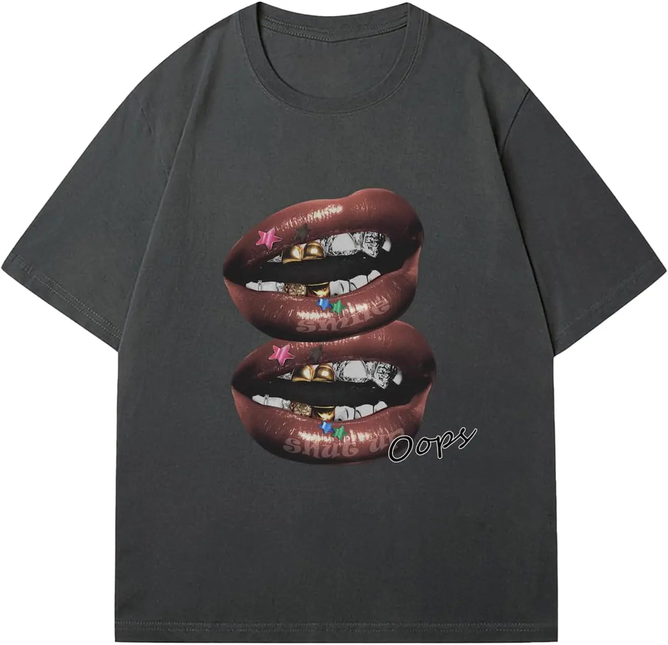Chic Lips Golden Teeth Vintage T-shirt Rock Goth Casual Tee Clothing Men Oversized Cotton T Shirt Harajuku Y2k Tops Streetwear