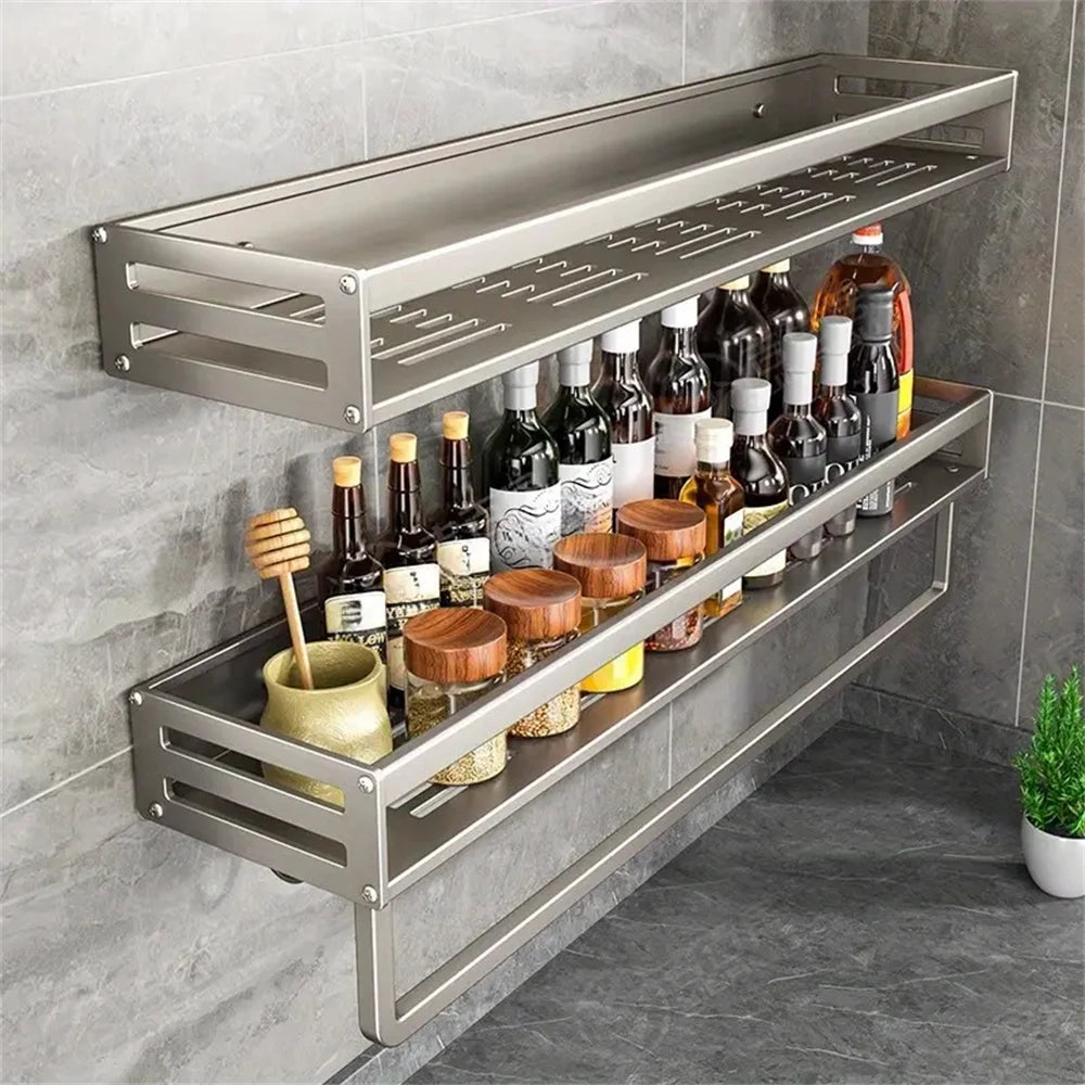 1/2pcs Aluminum Wall-Mounted Spice Rack Multifunctional Item Shelf Kitchen Tools Hooks Kitchen Condiment Storage Rack