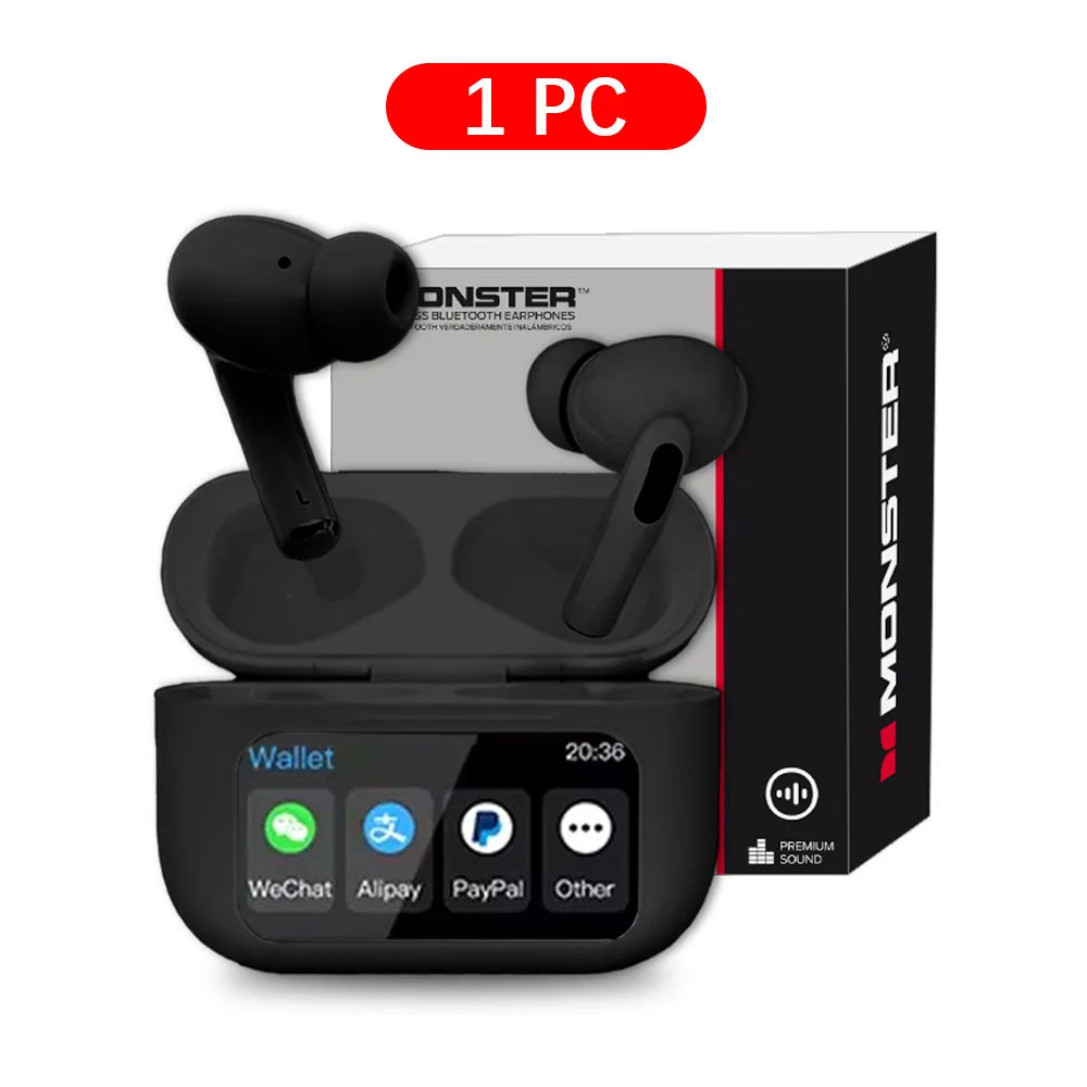MONSTER Wireless Bluetooth 5.3 Earphones LCD Touch Screen Headphones ANC Noise Reduction Headset Built In HD Mic  Music Earbuds