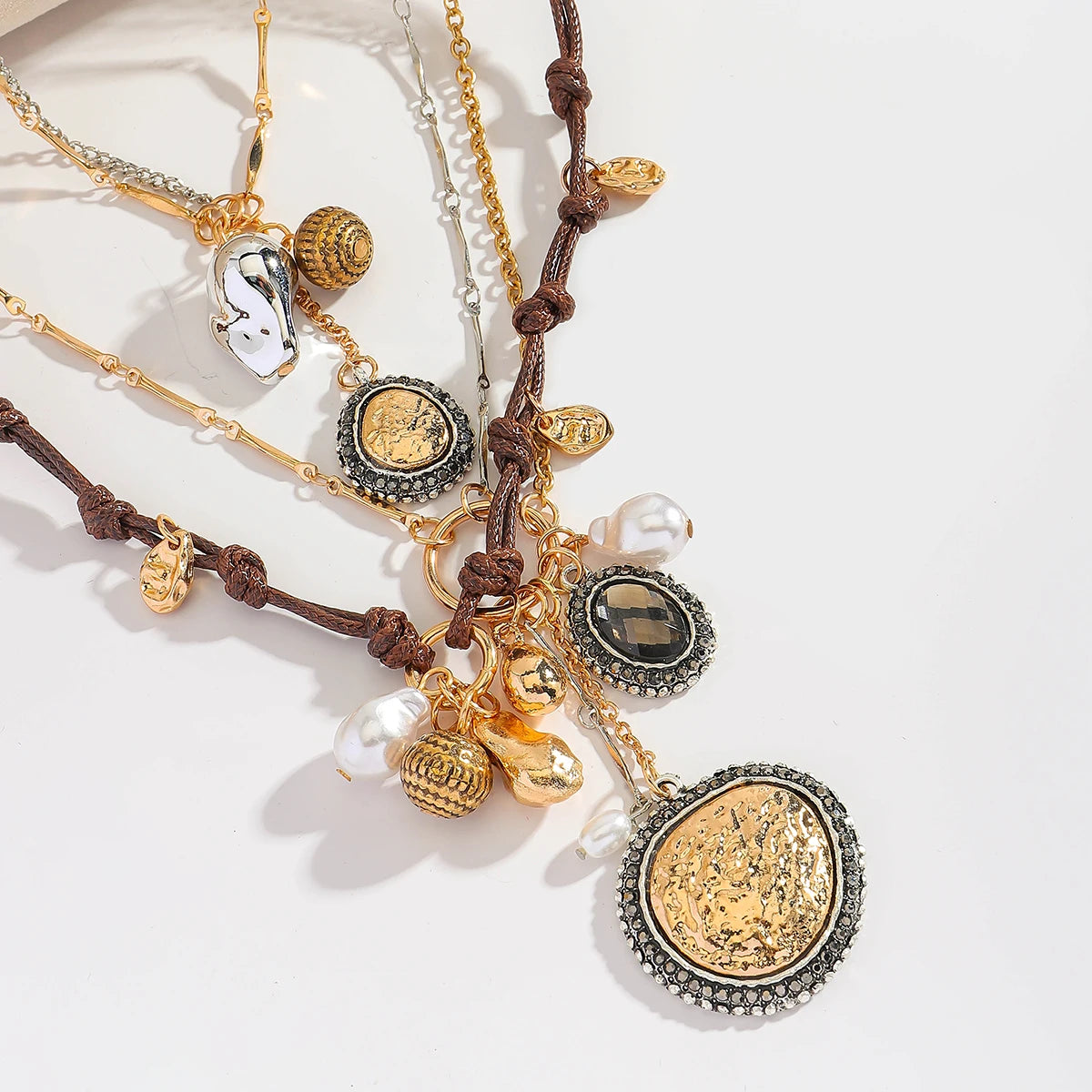 Girlgo 3Pcs/Set ZAA Handmade Rope Chain Metal Round Coin Badge Rope Necklace Fashion Personality High Quality Vintage Jewelry