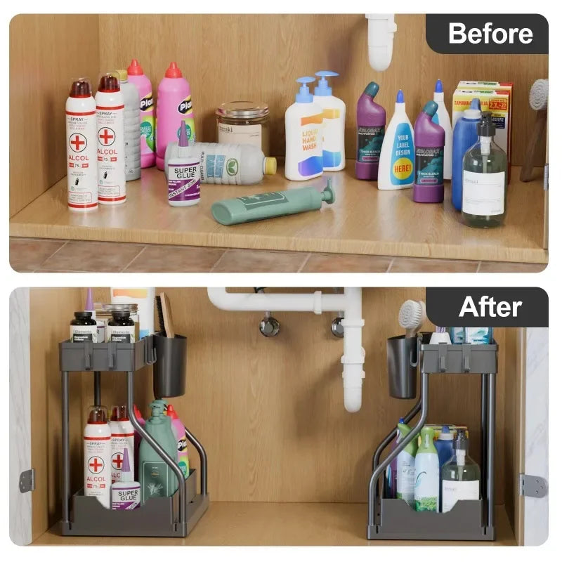 Space-Saving Organizer shelf 2-Tier Pull-Out Storage Organizer Durable Large Capacity Drawer for Kitchen and Bathroom Essentials