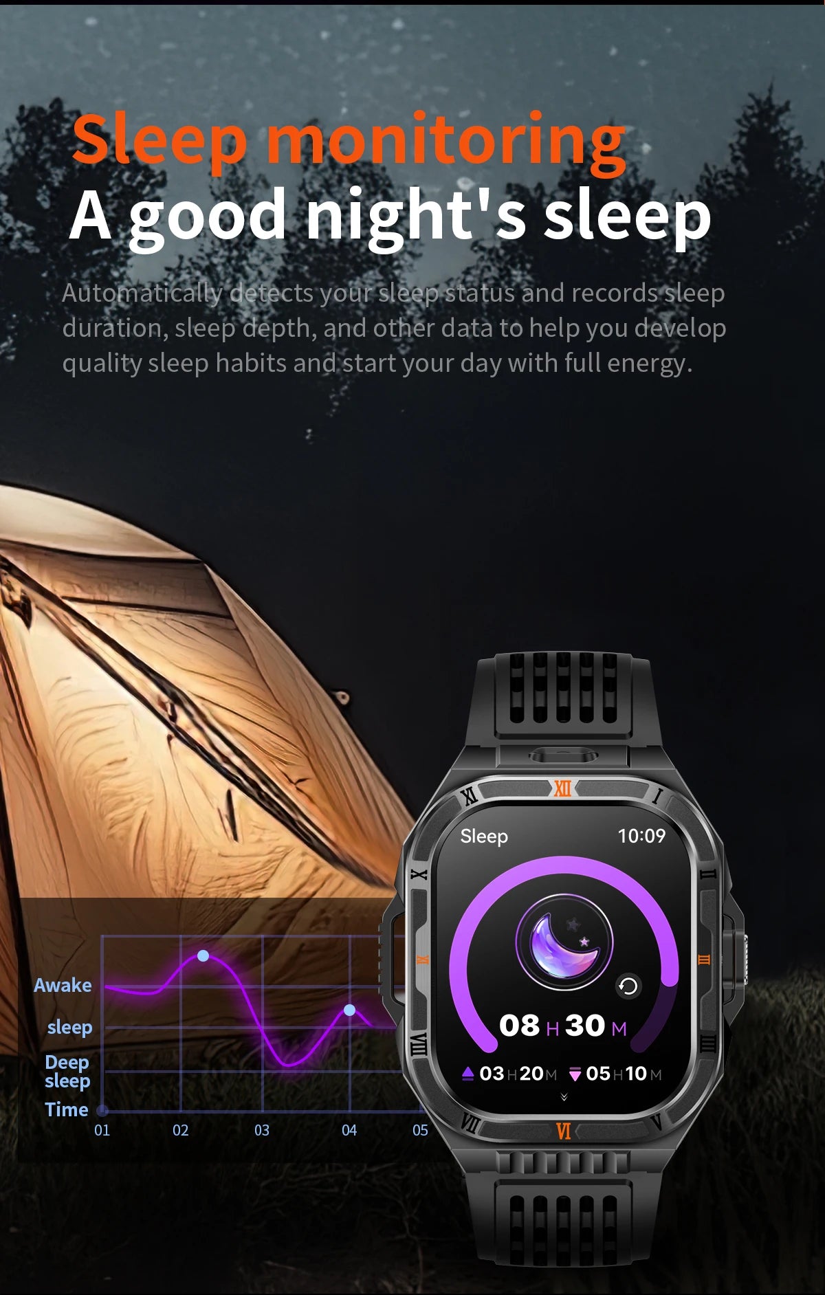 New Smart Watch Men 2.01"HD Screen 3ATM Waterproof Flashlight Health Monitor 1100mAh Battery Sport Bluetooth Call Smartwatch