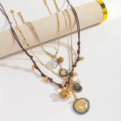 Girlgo 3Pcs/Set ZAA Handmade Rope Chain Metal Round Coin Badge Rope Necklace Fashion Personality High Quality Vintage Jewelry