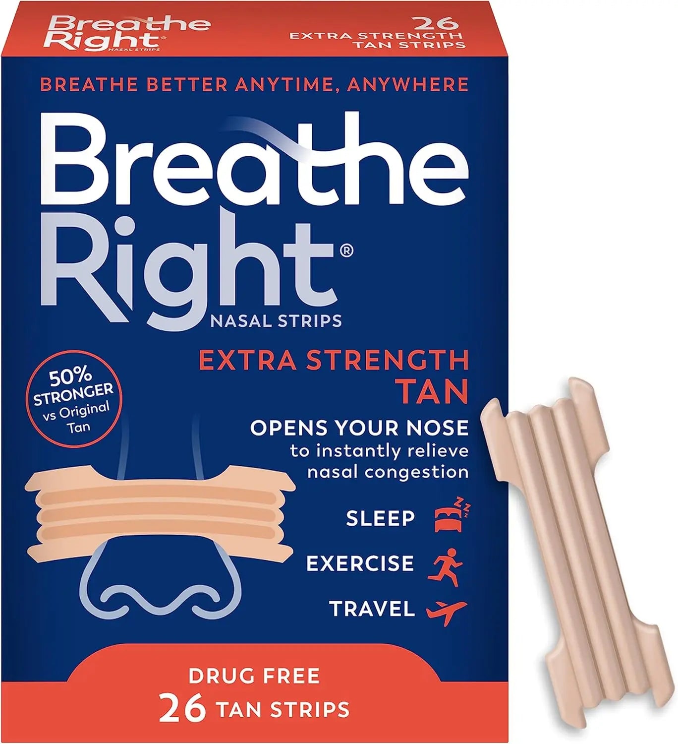 26/52/78 Pcs Breathe Right Nasal Strips,Stop Snoring,Tan Nasal Strips,Drug-Free Snoring Solution & Instant Nasal Congestion