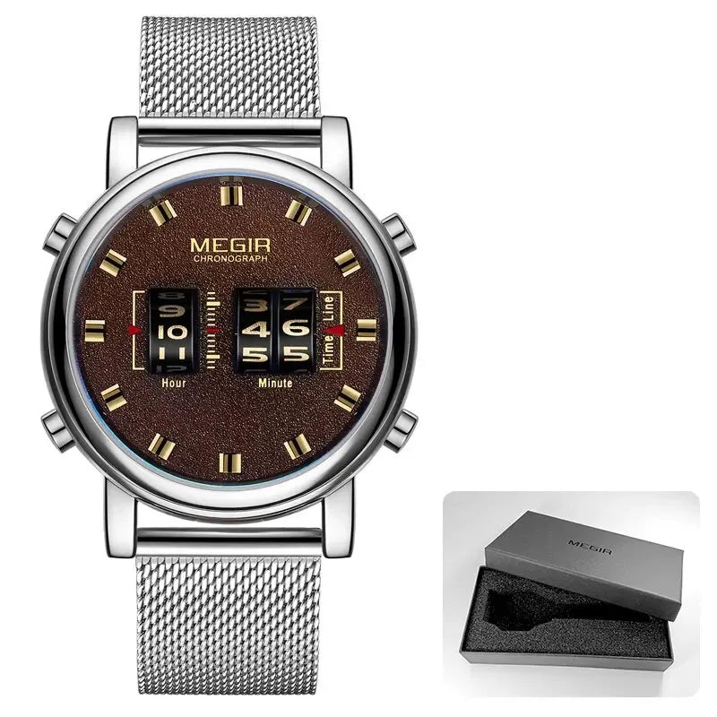 MEGIR 2020 New Luxury Watches Men Military Sport Roller Pointer Quartz Watch Man Fashion Stainless Steel Mesh Strap Wristwatch