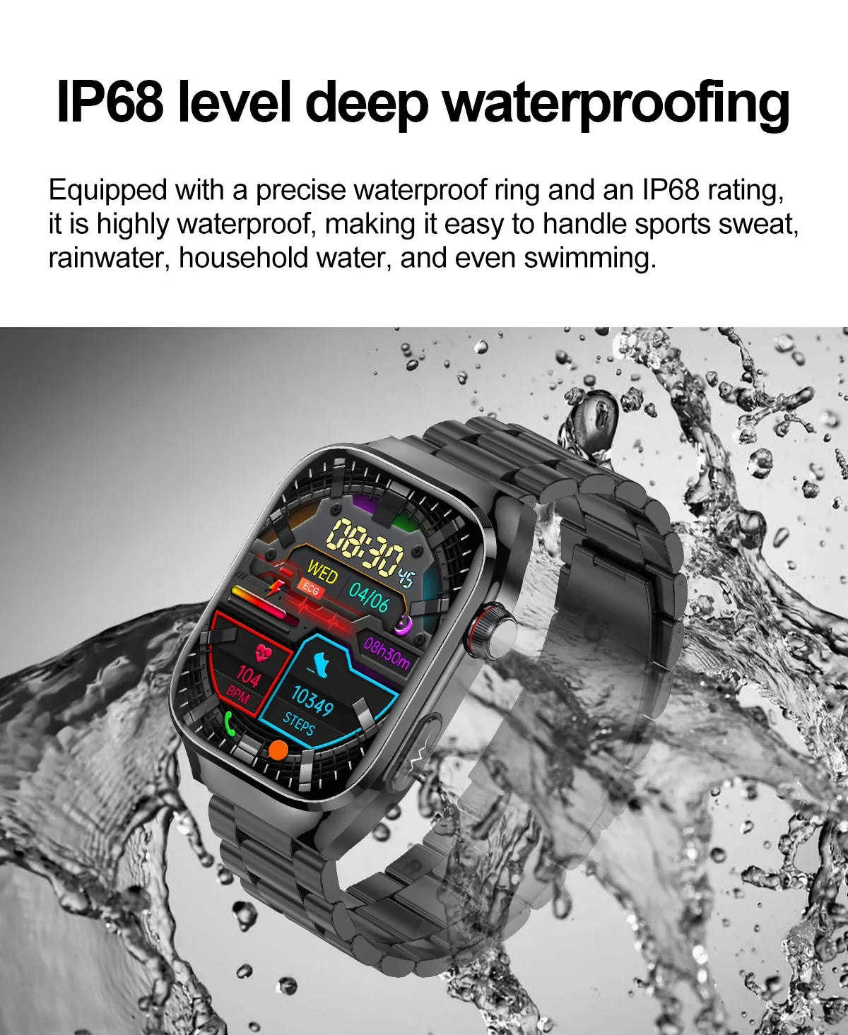 2025 New Smart Watch 2.04-inch AMOLED Screen Bluetooth Call IP68 Waterproof 650mA Sports Smartwatches Men Android Military-Grade