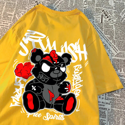 Exploding Black Puppet Bear Men Women T-Shirts High Quality Cotton Tops Summer Loose T Shirts Simplicity Breathable Streetwear