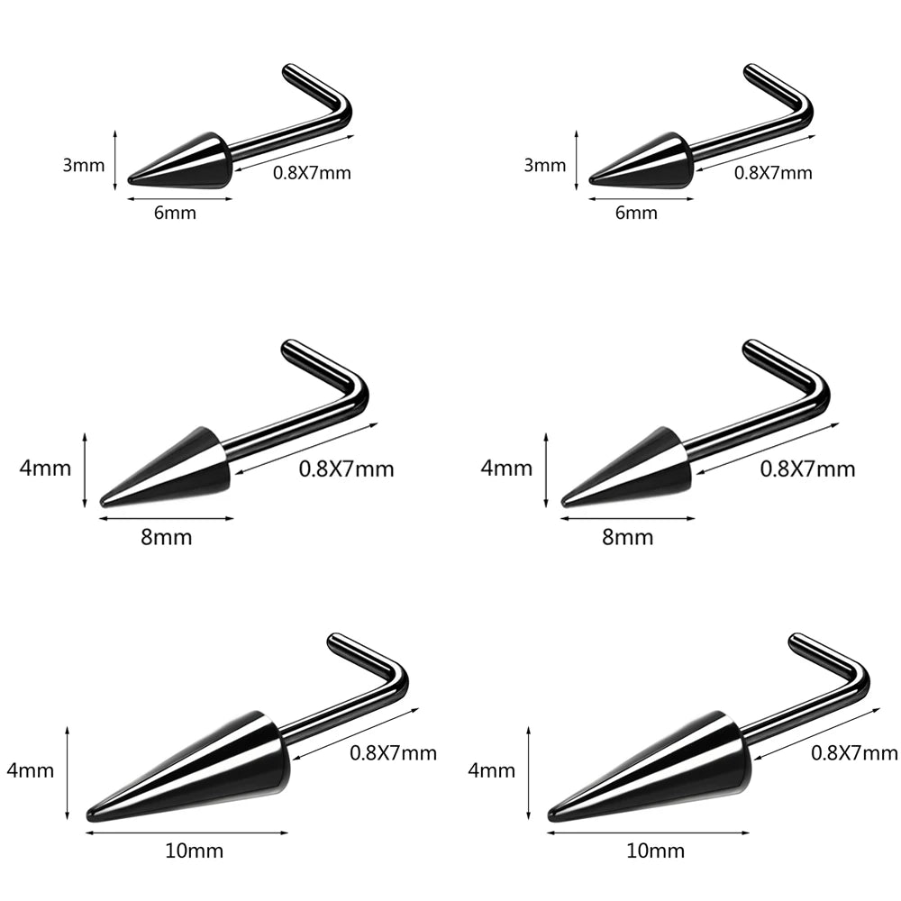ZS 20G Black Spike Nostril Piercings Stainelss Steel Cone Nose Studs Doule Nose Piering Jewelry Long Spike Nostril Ring Chain