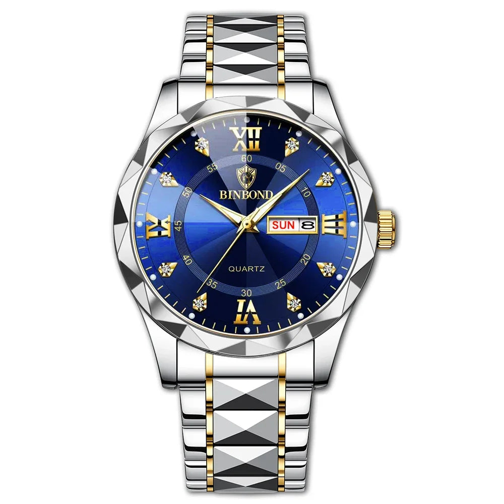 Binbang B2521 Men's Watch Waterproof Night Glow Double Calendar Watch Men's Business Quartz Watch Diamond Pointed Glass