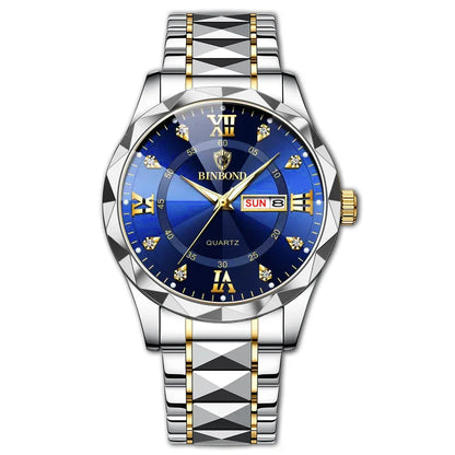Binbang B2521 Men's Watch Waterproof Night Glow Double Calendar Watch Men's Business Quartz Watch Diamond Pointed Glass