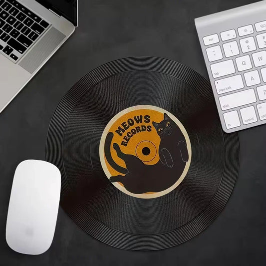 Vintage vinyl record round mouse pad black cat design Non-slip rubber Stitched Edge home Office game universal computer desk mat