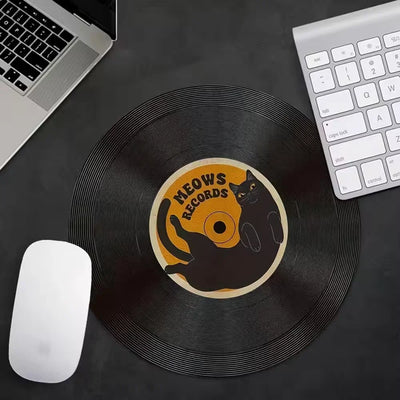 Vintage vinyl record round mouse pad black cat design Non-slip rubber Stitched Edge home Office game universal computer desk mat