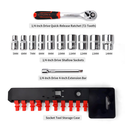 12pcs 1/4 Inch Ratchet Socket Wrench Set With 10 Sockets 2 Way New Quick Released 72 Tooth Ratchet Handle And Extension Bar