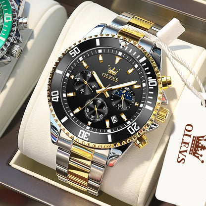 OLEVS Men's Watches Top Brand Luxury Watch for Men Original Waterproof Stainless Steel Chronograph Moon Phase Date Rota Dial