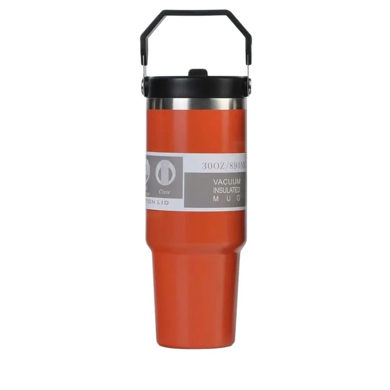 30oz Large Capacity Portable Car Cup Stainless Steel Thermos Cup with Straw & Handle Travel Sports Water Bottle Vacuum Flask