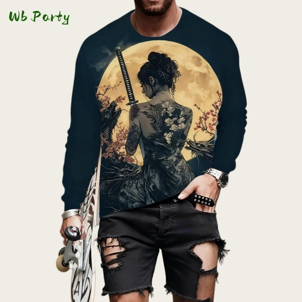 Japanese Long Sleeve Mens 3D Samurai Cartoon Pattern T-Shirt O-Neck Long Short Sleeve Breathable Style Streetwear Men's Clothing