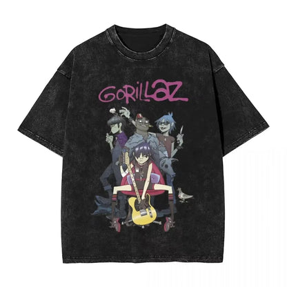 Washed T Shirts Gorillaz Geep Logo Hip Hop T-Shirt Street Music Band Punk Rock Y2K Streetwear Short Sleeve Tops Tees Men Women