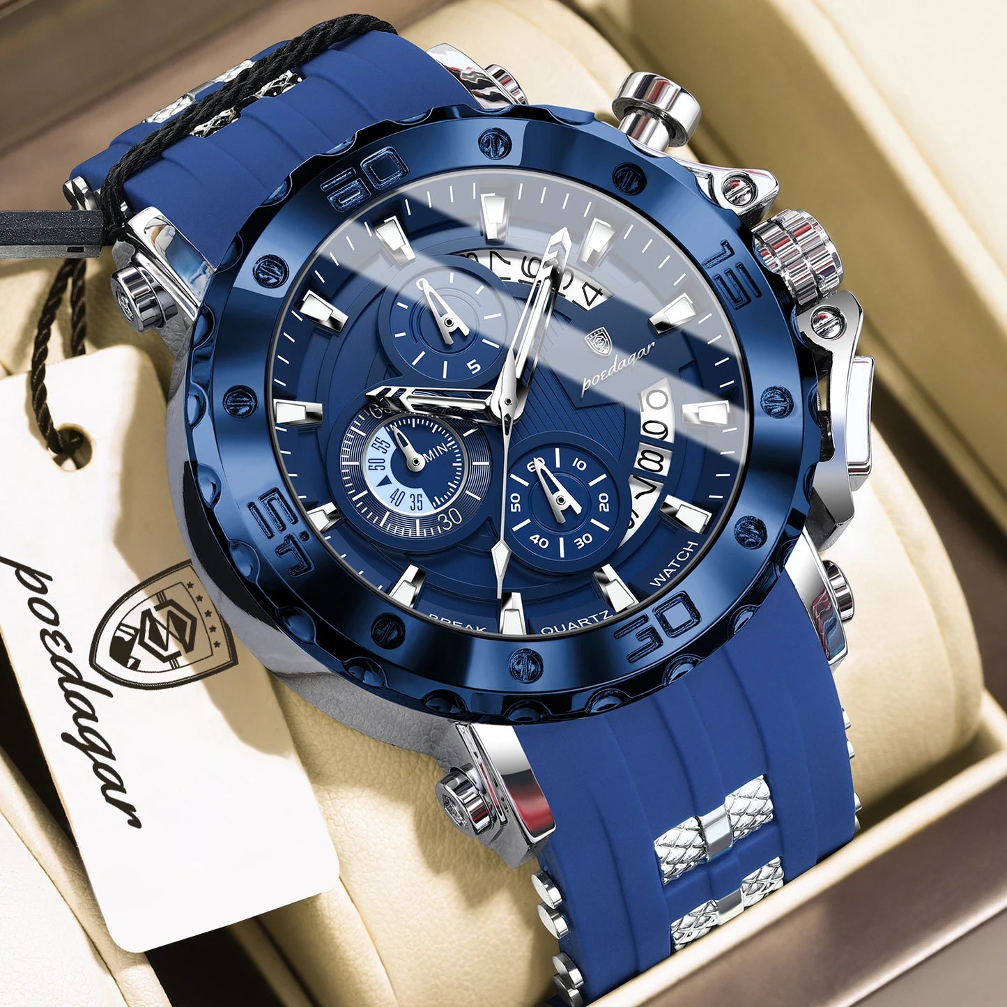 POEDAGAR Original Luxury Man Watch Chronograph Waterproof Luminous Sports Men Clock Calendar Silicone Strap Quartz Men's Watches