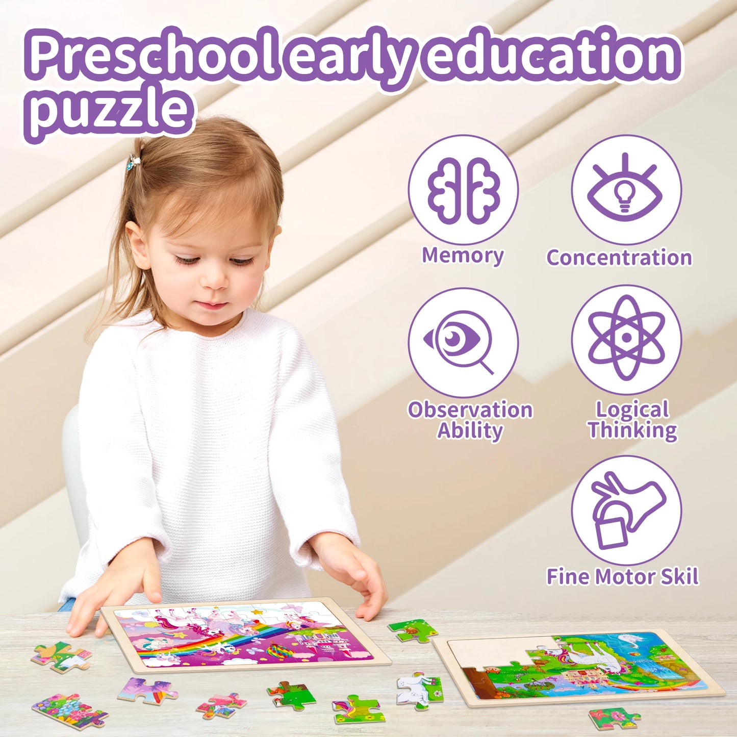 4 Packs Unicorn Princess Educational Preschool Toddler Wooden Jigsaw Puzzles Gifts for 3 4 5 6 Years Old Girls Boys