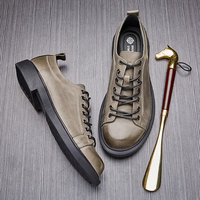 Men's Genuine Leather Shoes Lace-up Business Casual Large Round Head Soft Sole Ankle Walking Sneakers Outdoor Trekking College