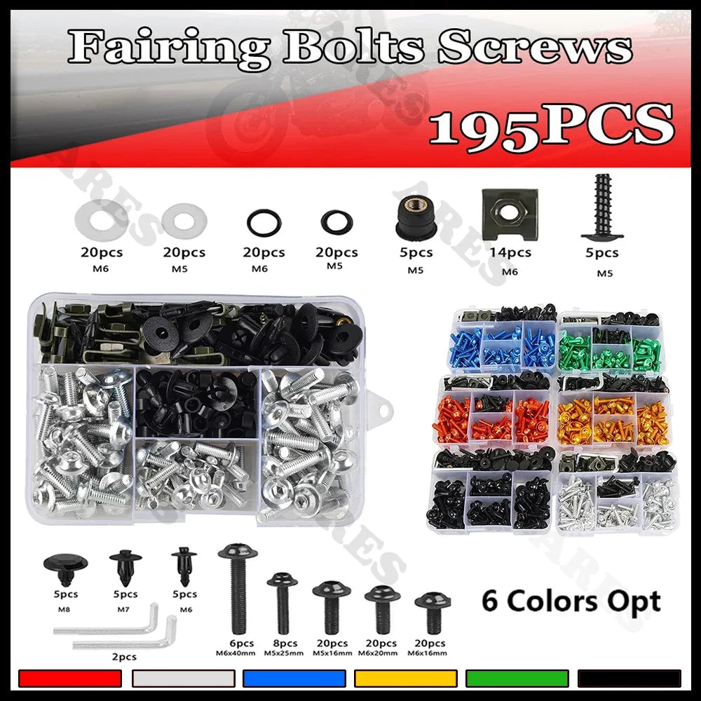 195Pcs Motorcycle Accessories Aluminum Fairing Bolt Screws Kit Nut Clip For Honda CB650R CB500X CB400 CB500 CB650 CB125R CB1000R