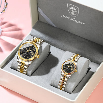 POEDAGAR Top Luxury Couple's Watches Luminous Date Classic Watches For Couple Quartz Stainless Steel Couple Watch Lovers Set+Box