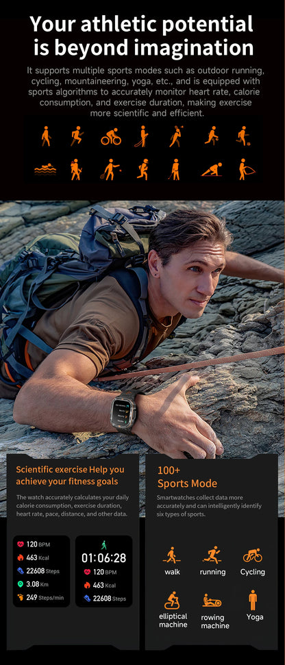 New Smart Watch Men 2.01"HD Screen 3ATM Waterproof Flashlight Health Monitor 1100mAh Battery Sport Bluetooth Call Smartwatch