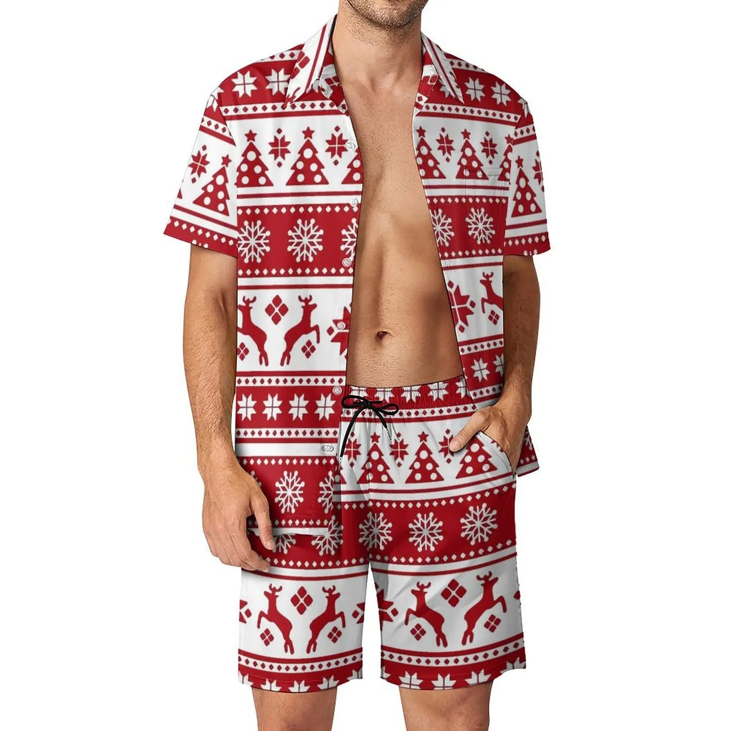 2025 Christmas Men Sets Animal Print Casual Shorts Summer Novelty Beach Shirt Set Short-Sleeved Big Size Suit Christmas Gift