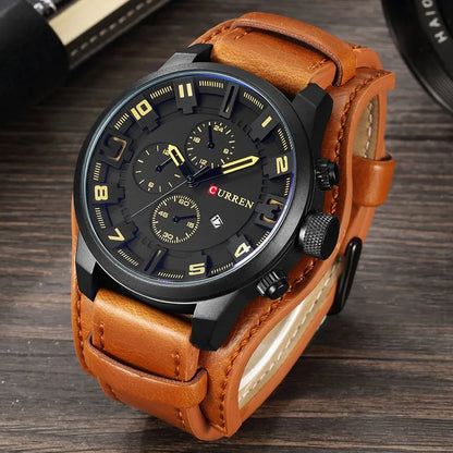 CURREN 8225 Luxury Large Dial Calendar Watch, Water-Resistant Blue Light Dial Quartz Leather Watch