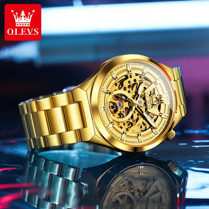 OLVES 6722 Mens Watch Original Luxury Skeleton Automatic Mechanical Watch Waterproof Luminous Stainless Steel Watches For Man