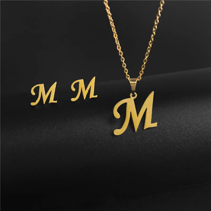 A-Z 26 Stainless Steel Initial Necklace and Earring Jewelry Set Letter Pendant Chain Alphabet Mom Christmas Gift