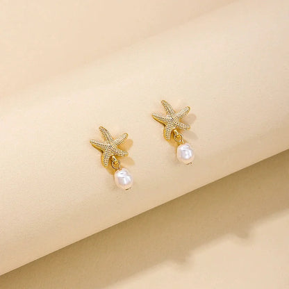 Summer Starfish Imitation Pearl Drop Earrings for Women Fashion Metal Shell Earring Summer Day Beach Vacation Style Jewelry Gift